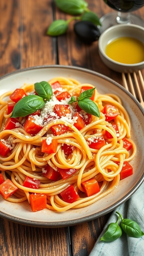 Tomato Basil Pasta Recipe A colorful plate of spaghetti with fresh tomatoes and basil, garnished with Parmesan cheese on a wooden table.